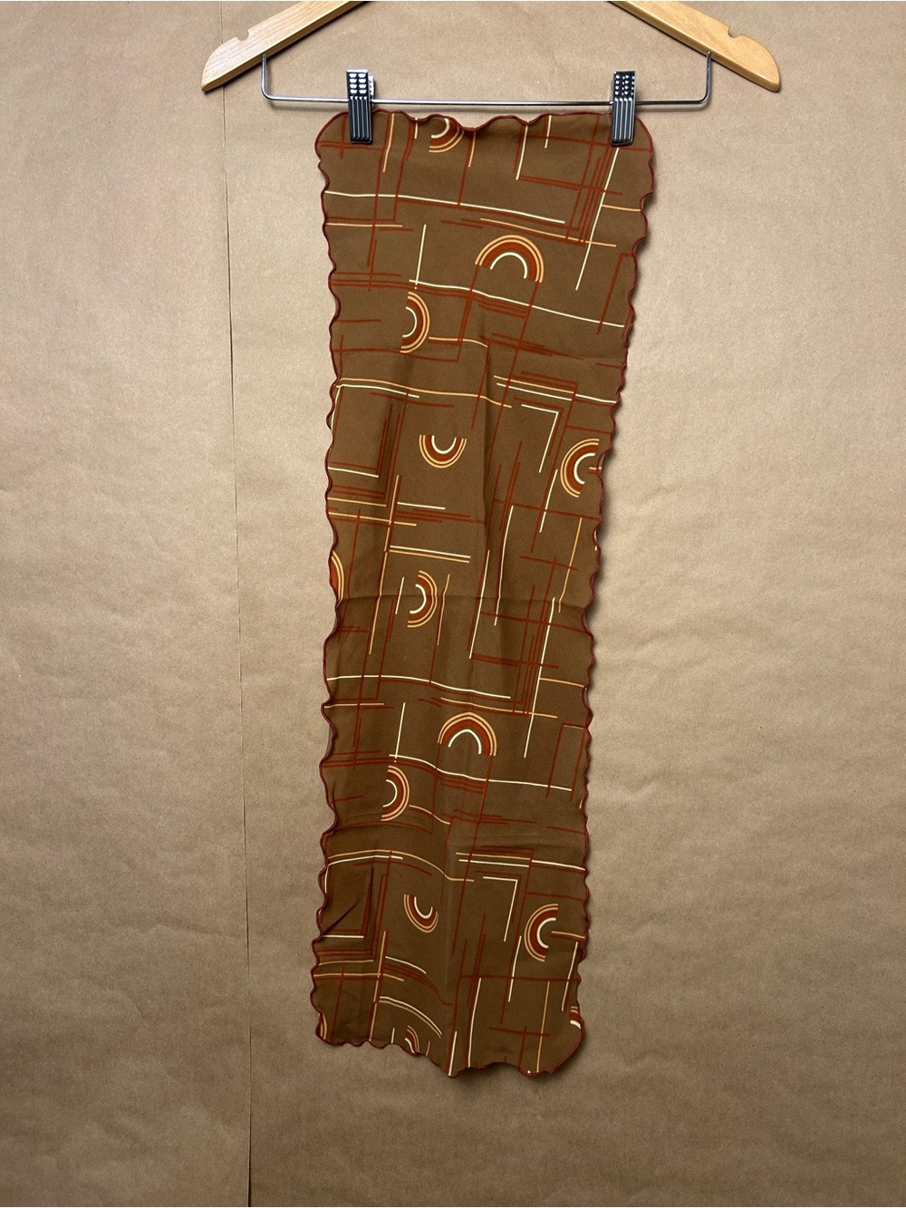 Retro 70s Brown Geometric Scarf Rust Cream Abstract Print Scalloped Edge